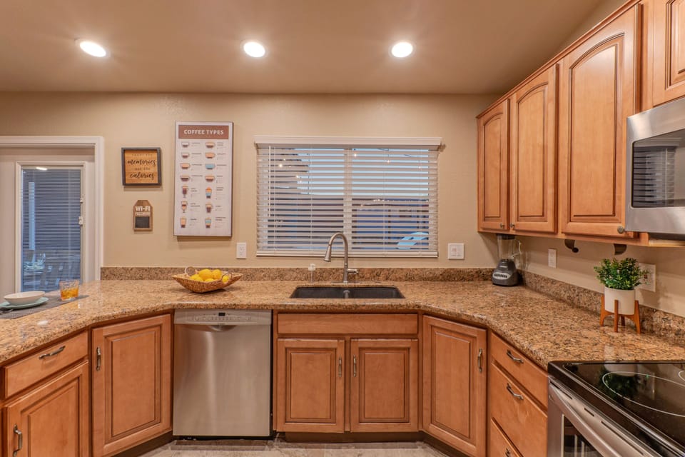 Spacious kitchen allows more than one chef to prep and serve meals.