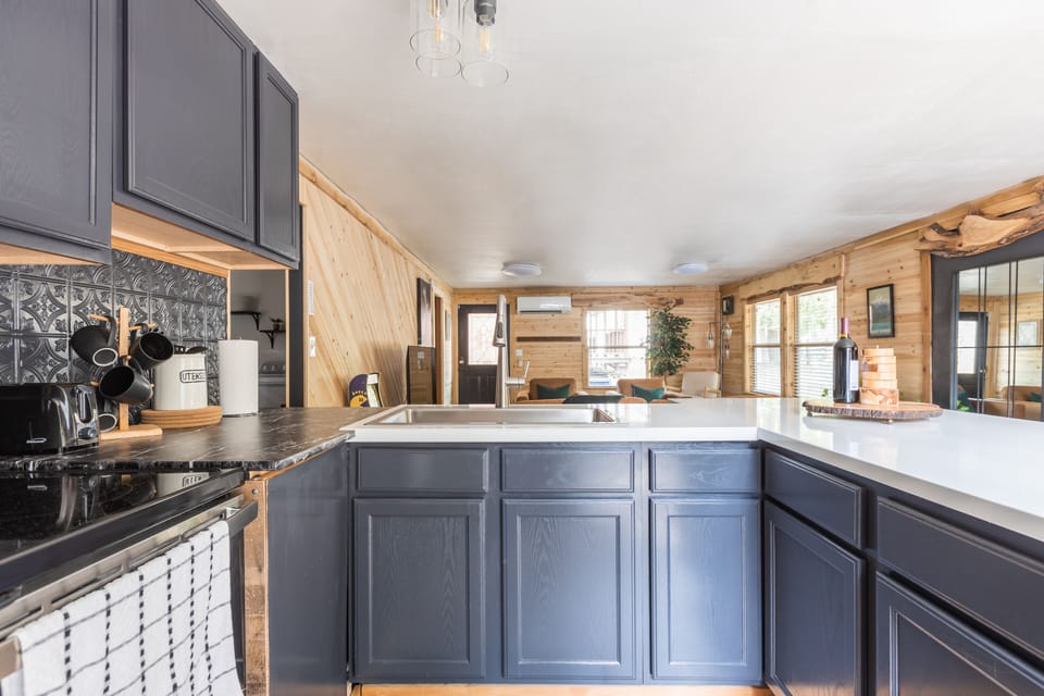 Stainless steel appliances and large stainless steel sink featured here.
