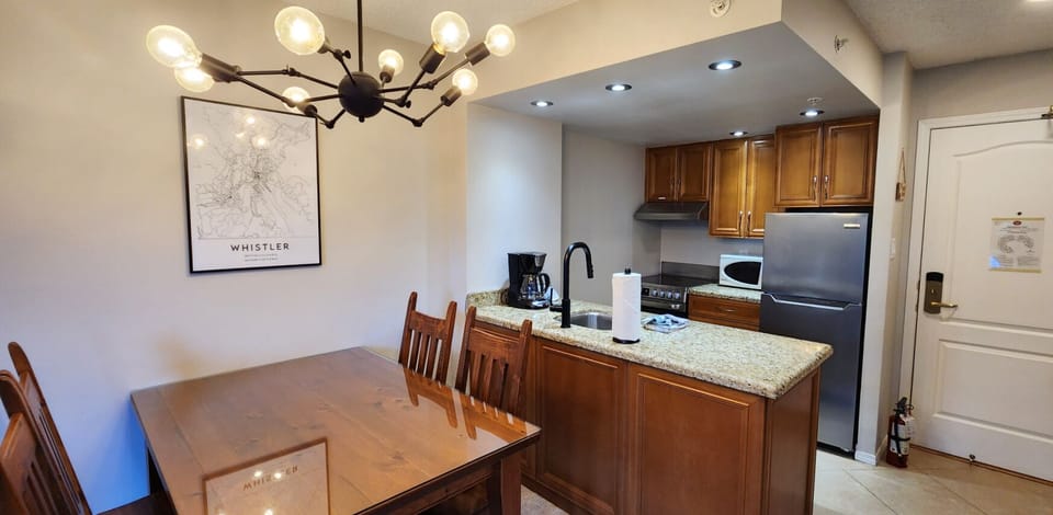 Sleek countertops and modern appliances meet cozy alpine charm.