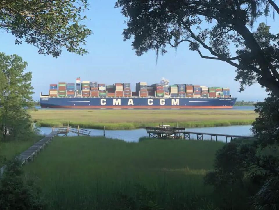 early spring view, marsh with walkway and dock