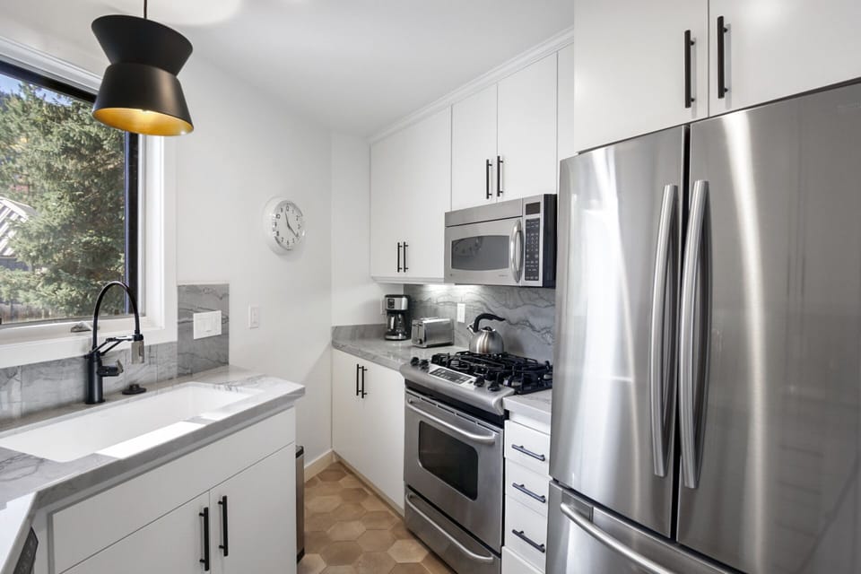 Modernized Kitchen with high-end appliances, gas stove and amenities with freezer that makes ice.