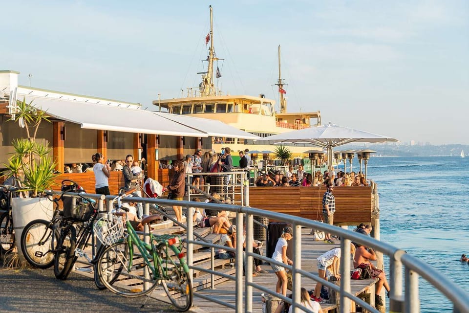 Manly's famous wharf with Hugo's restaurant among many