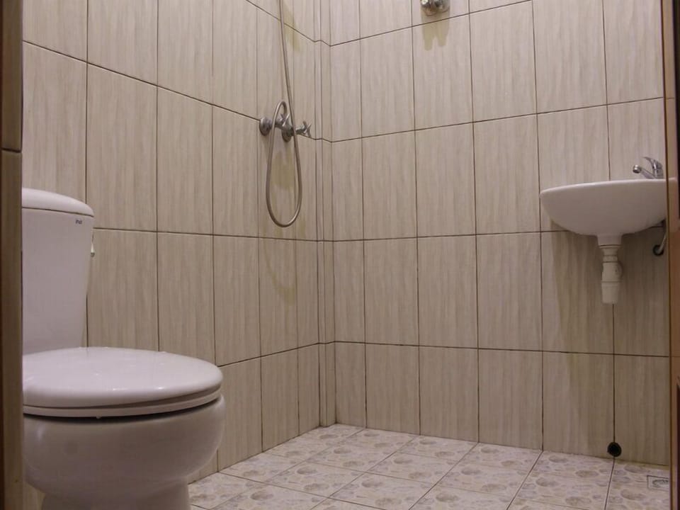 Shower, free toiletries, slippers, towels