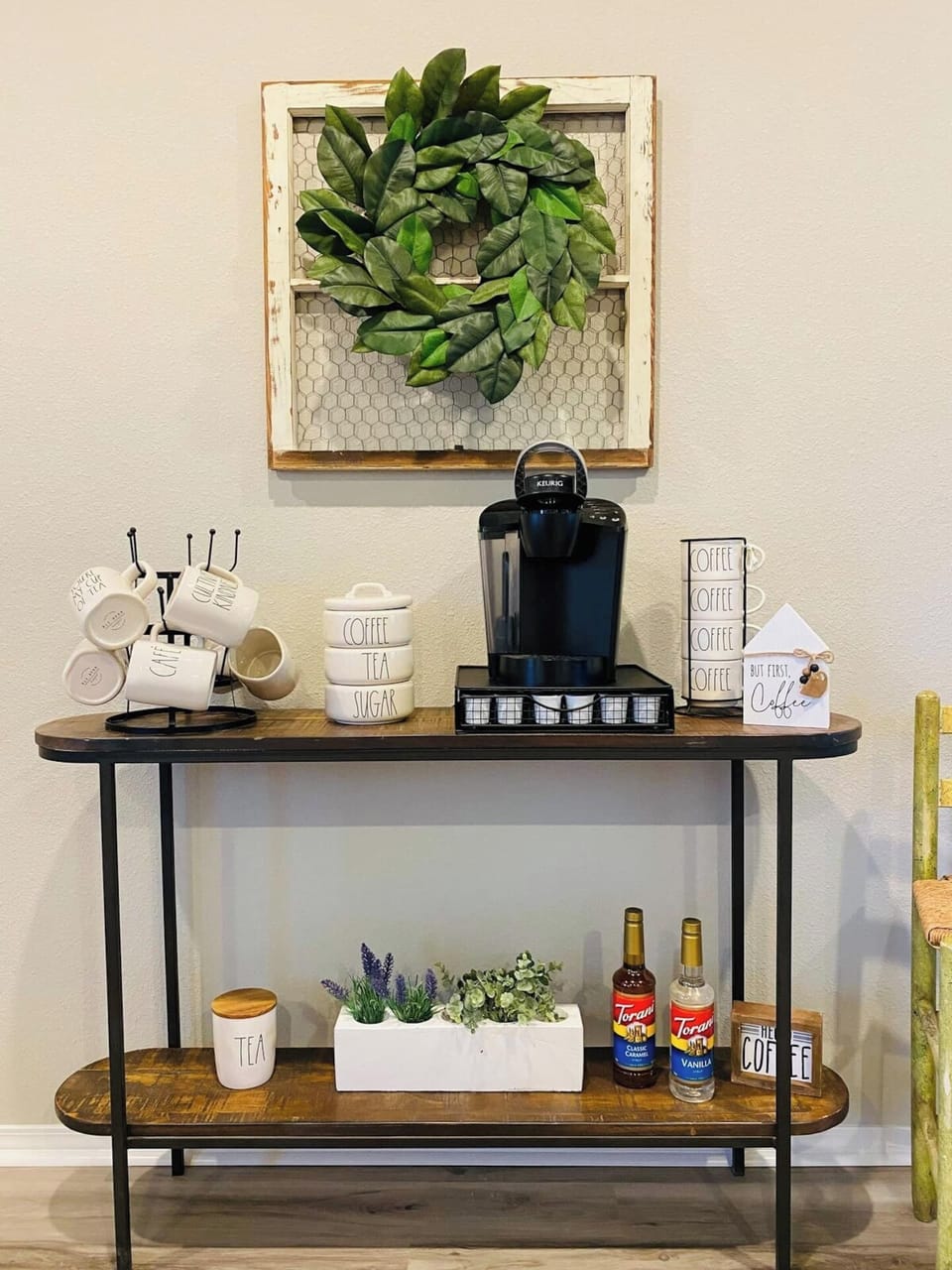 Coffee bar with a Keurig machine, several different coffees to choose from (light, medium, dark roast as well as flavors), caramel and vanilla liquid sweetener, sugar and cream! 