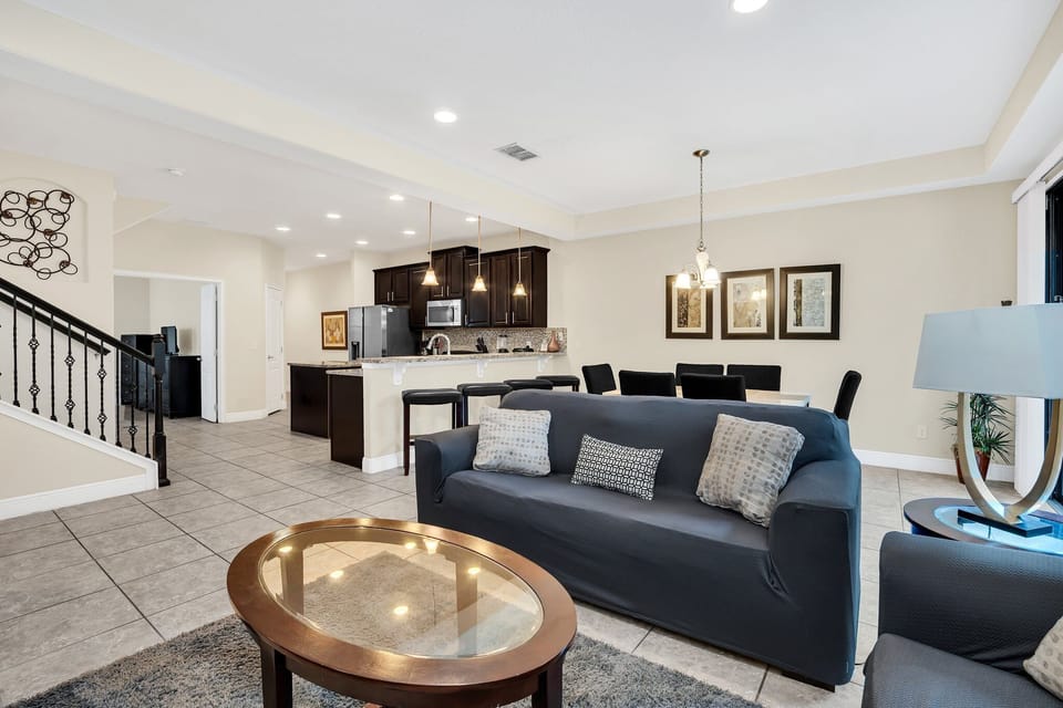 Modern décor and open flow perfect for unwinding after park days.