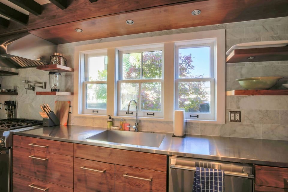 The kitchen looks out onto the home's private courtyard.