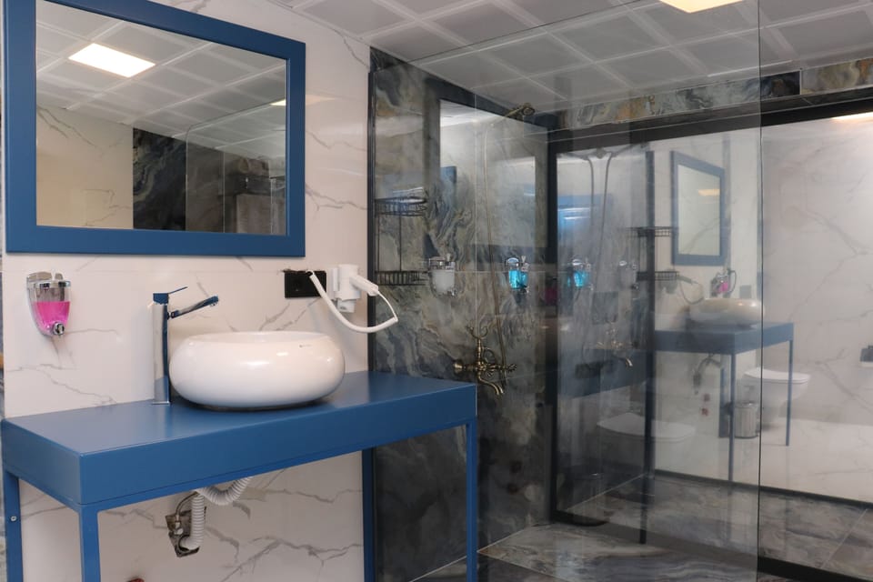 Shower, rainfall showerhead, hair dryer, bathrobes