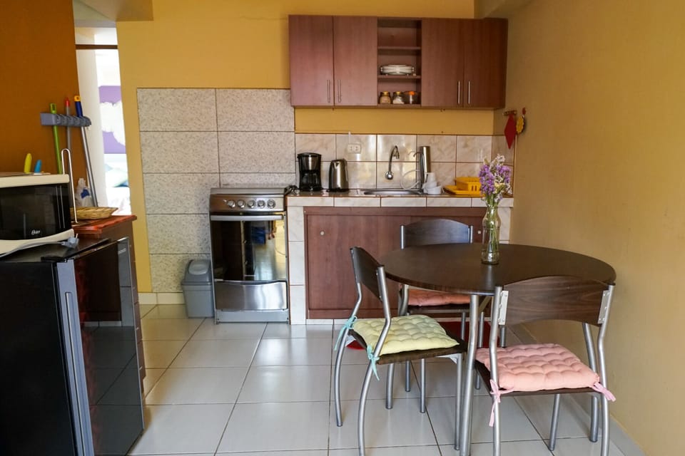 Small but fully equipped kitchen with gas stove and oven