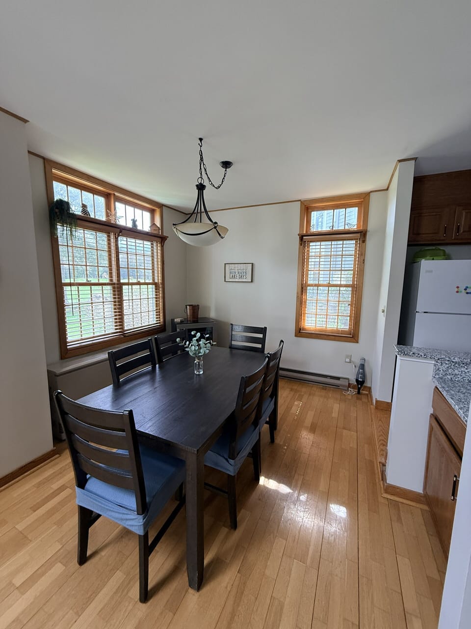 Dining area, beverage fridge.
