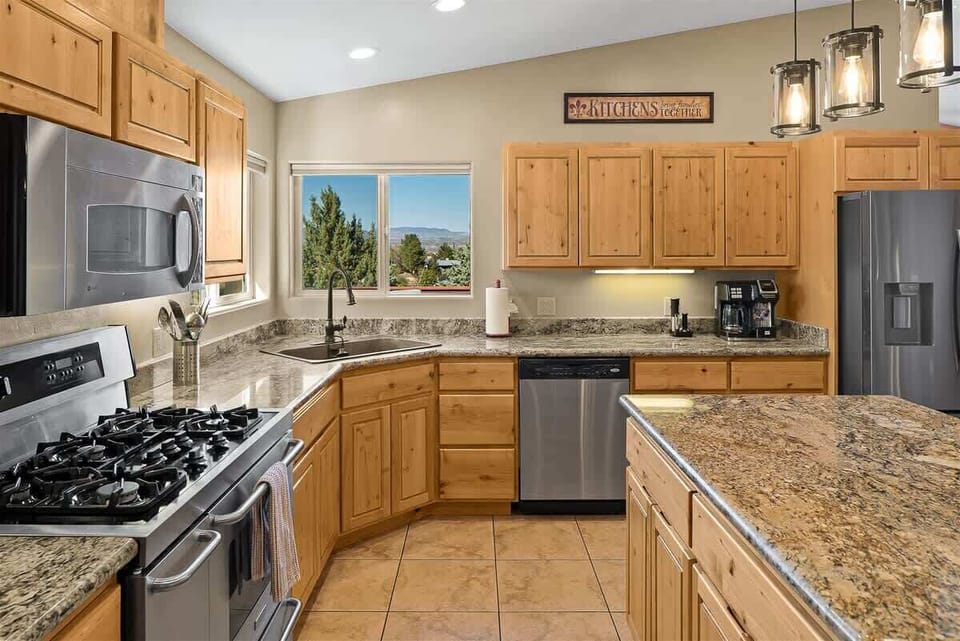 Natural gas range with views out kitchen window