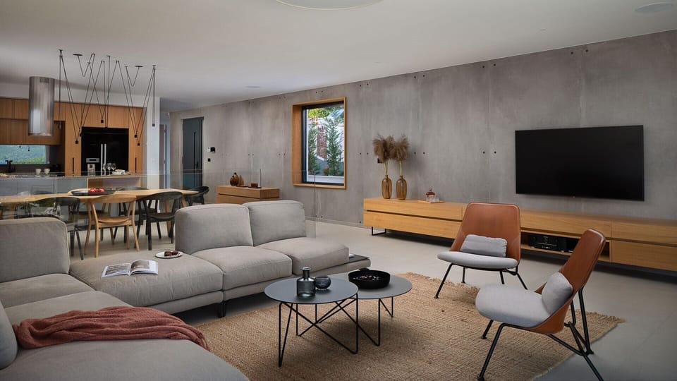 Interior of luxury holiday villa Murter Glory with kitchen, dining room and living room