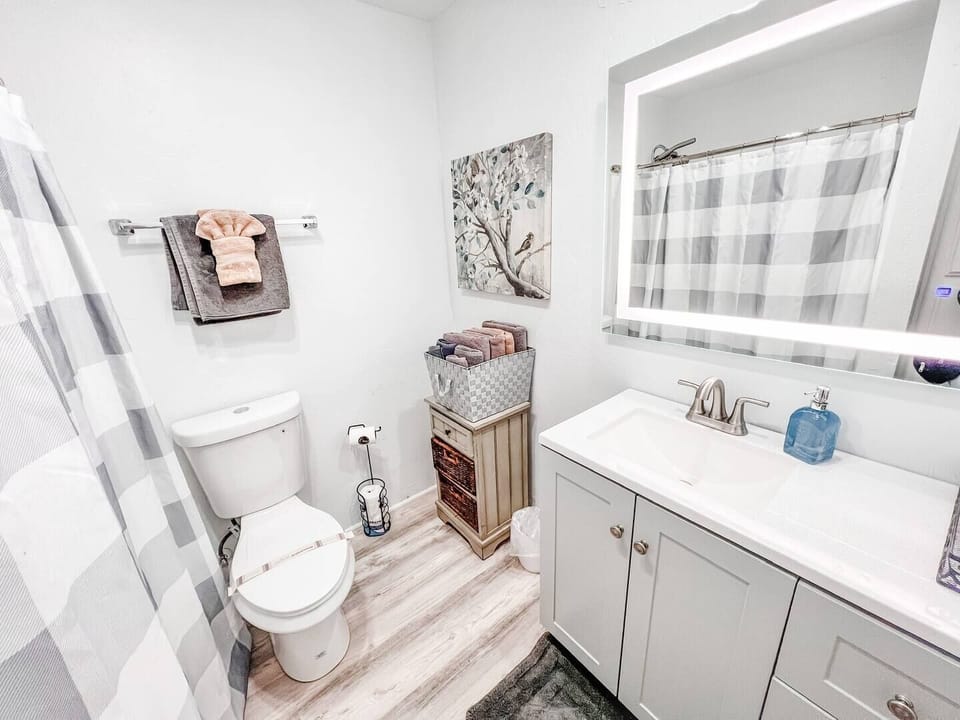 A Remodeled Full Restroom with a hair dryer, shampoo, body wash, towels, toilet paper and conditioner