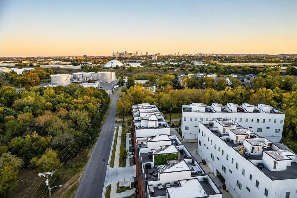 Drone view showcasing the property with Nashville in the distance