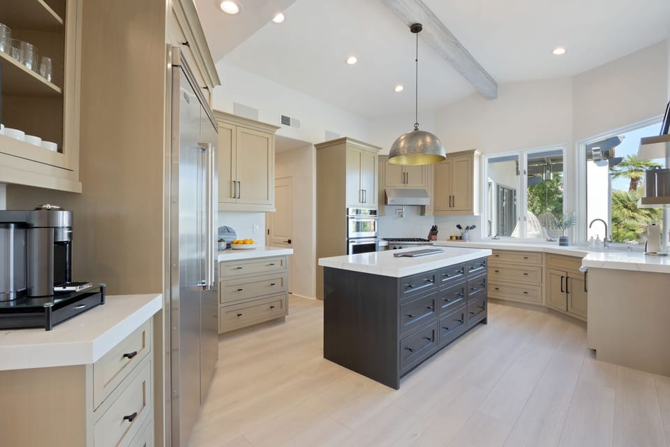 The brand-new kitchen features Viking appliances, a large prep island and is fully stocked with all the essentials to entertain family and friends.