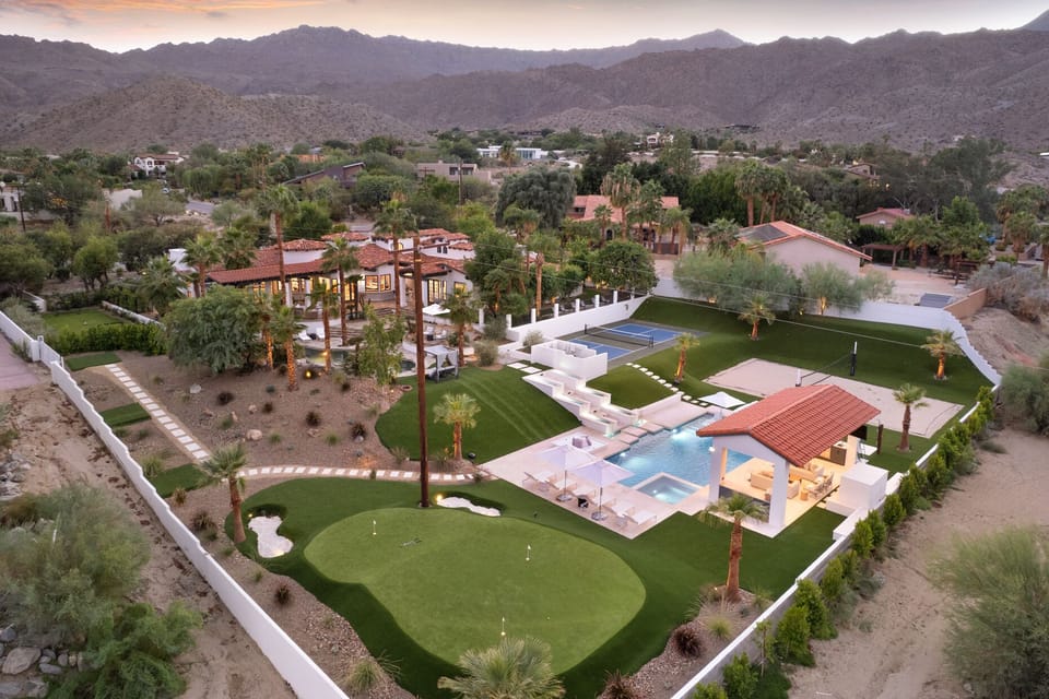 You own are to golf with a 40, 30 and 20 yard tee boxes with a dual tier oversize putting green with three holes and two sand traps.