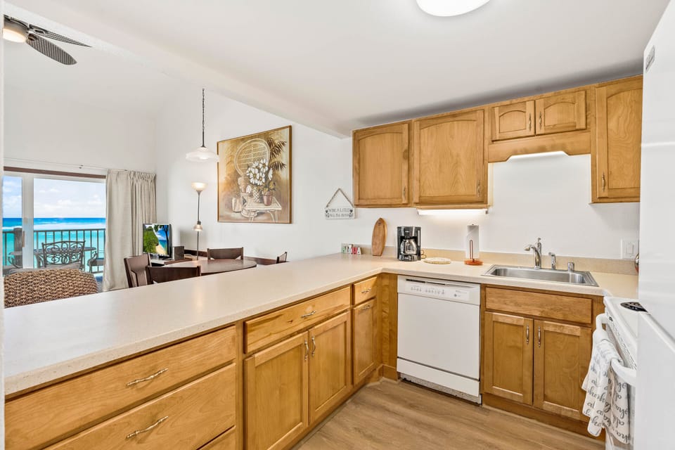 Oceanfront views from the fully stocked kitchen