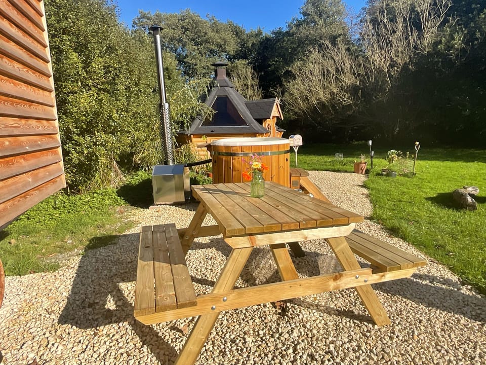 Glamping accommodation with outdoor seating area, Lizard Peninsula, Cornwall