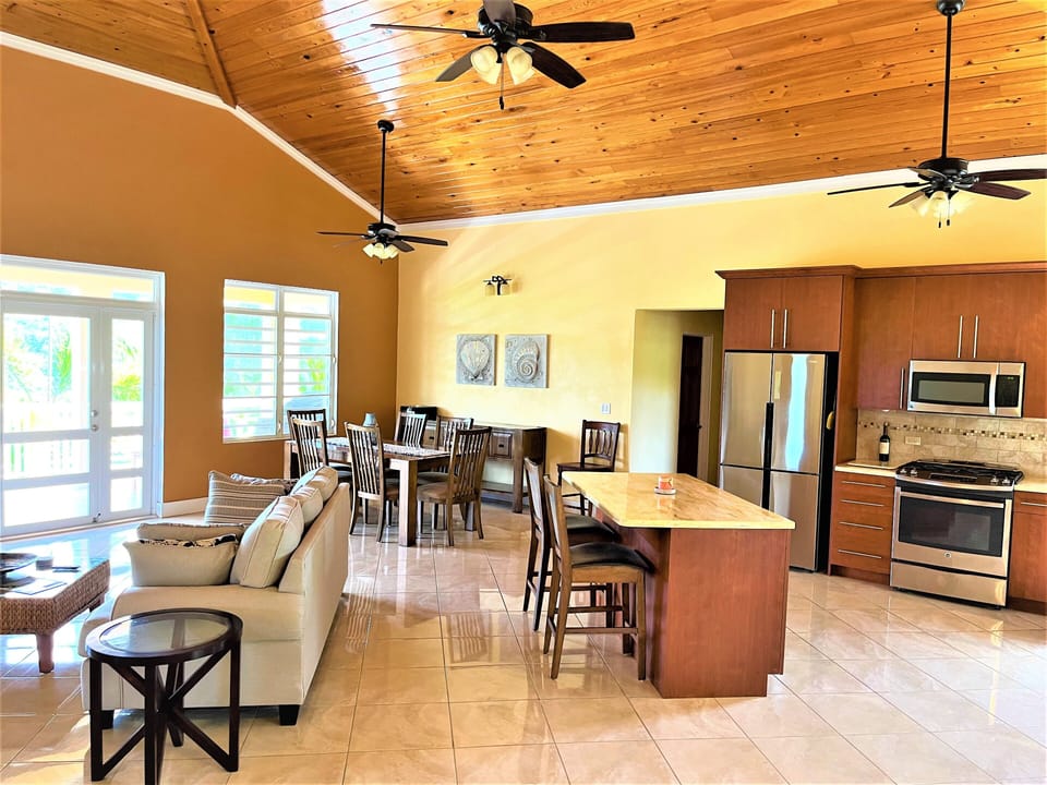 Dining table for 6, modern kitchen with an island.  Queen sofa bed.