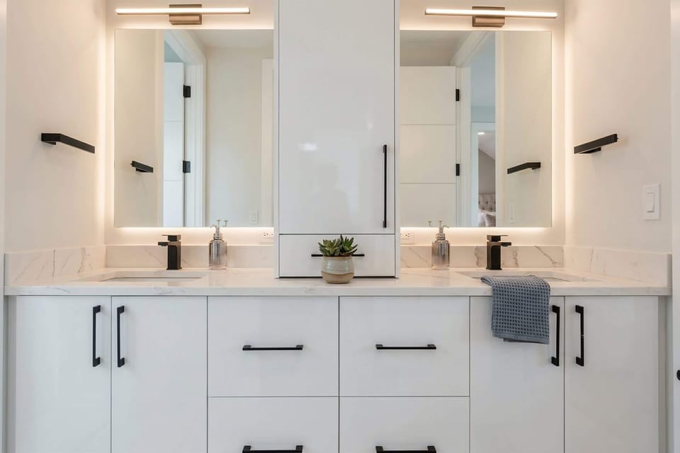 A modern double vanity designed for comfort and convenience.