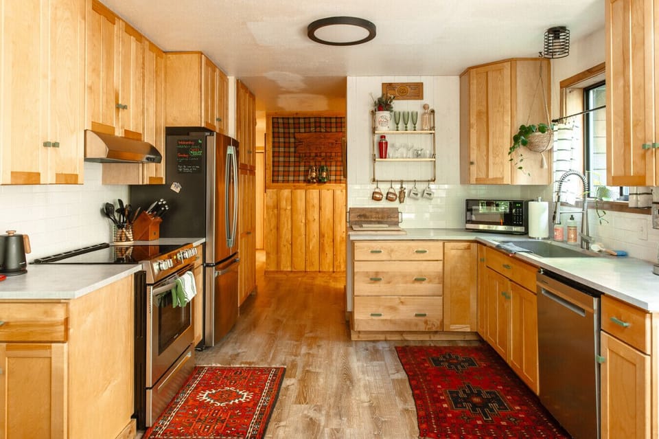 We keep a fully stocked kitchen with everything we could think of that you would need for a comfortable stay. You’ll be set for cooking, baking and cocktail making!