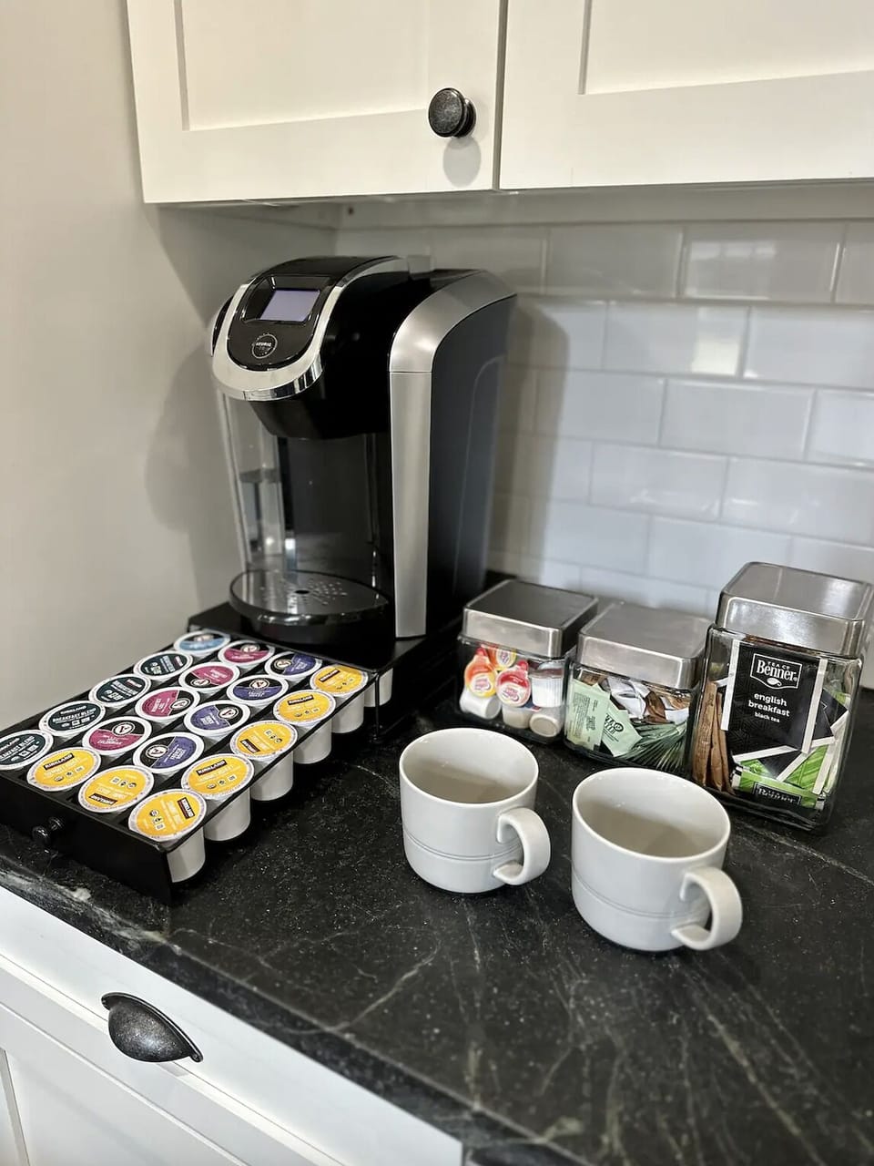 Fully stocked coffee and tea bar for your enjoyment!
