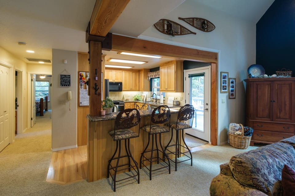 Kitchen off living and dining room, primary down the hallway.