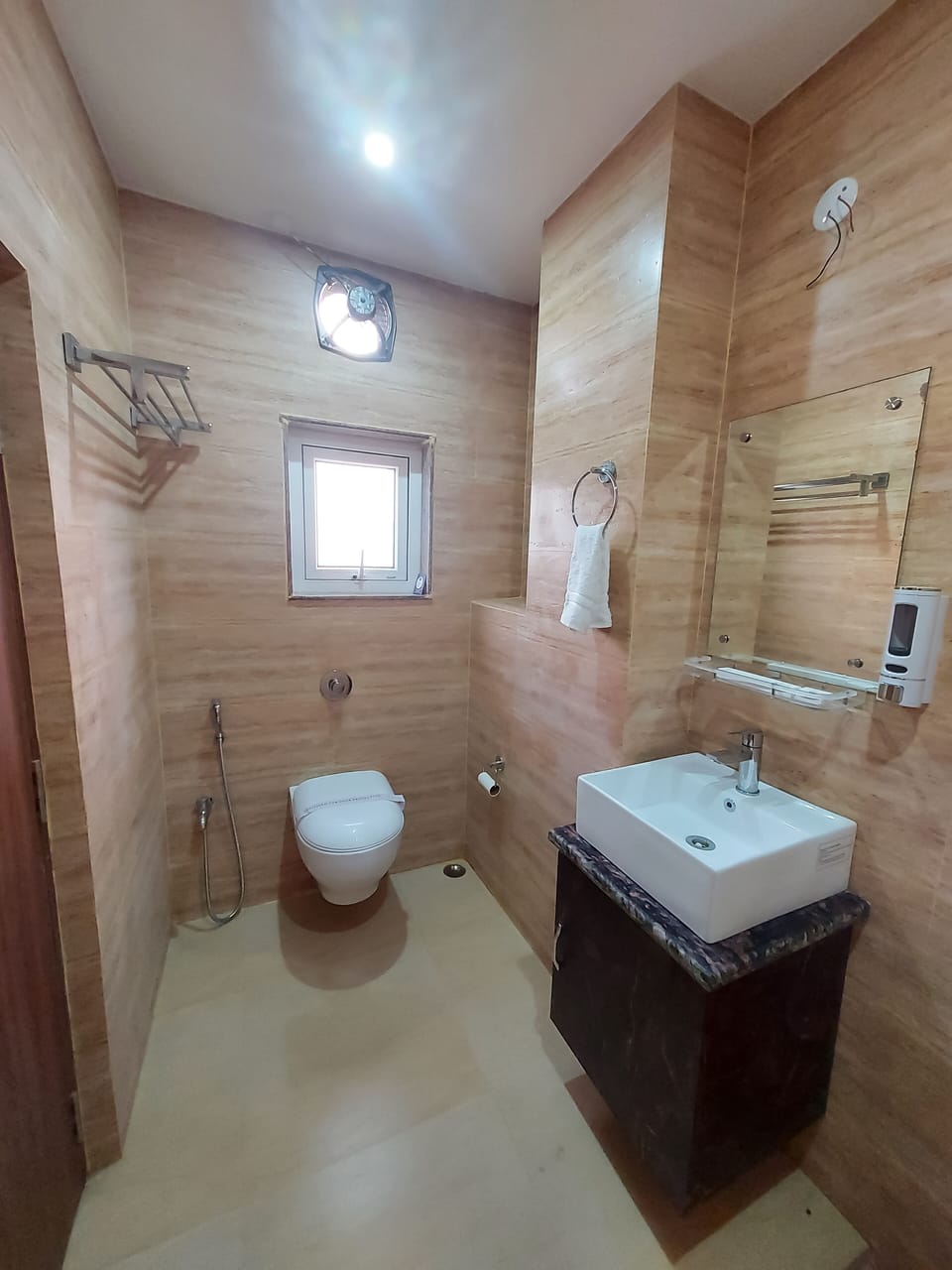Shower, rainfall showerhead, designer toiletries, towels