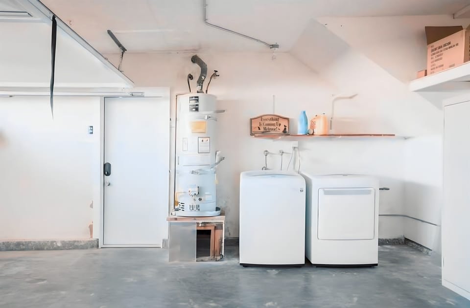 Washer and dryer in the garage—perfect for long stays or keeping beach towels fresh.