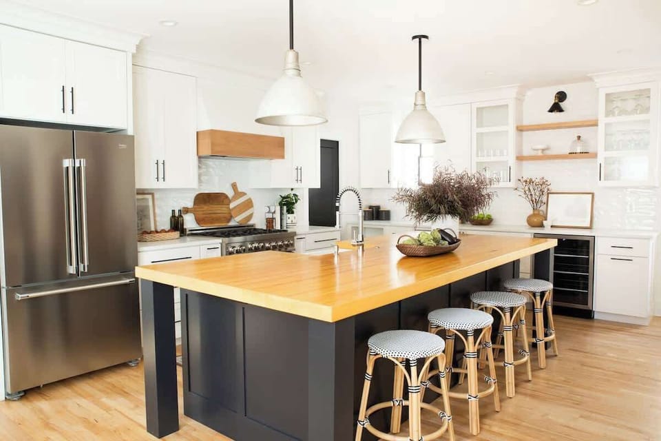 Did someone say farm-to-table inspiration for your kitchen? Get the best of two worlds with our custom maple bowling alley reclaimed countertops! #bowlingwithstyle