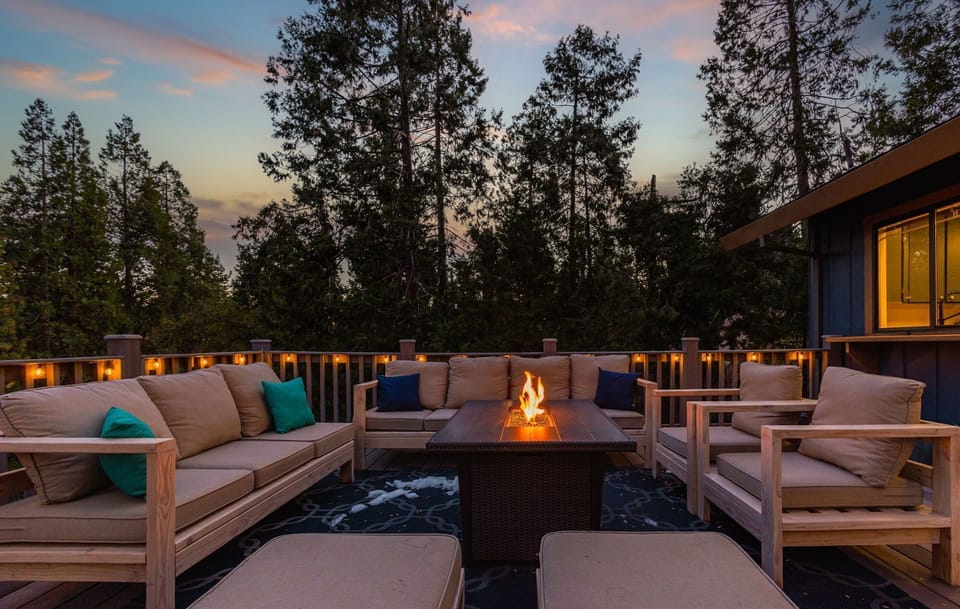 Seating on the deck with a fire table. 