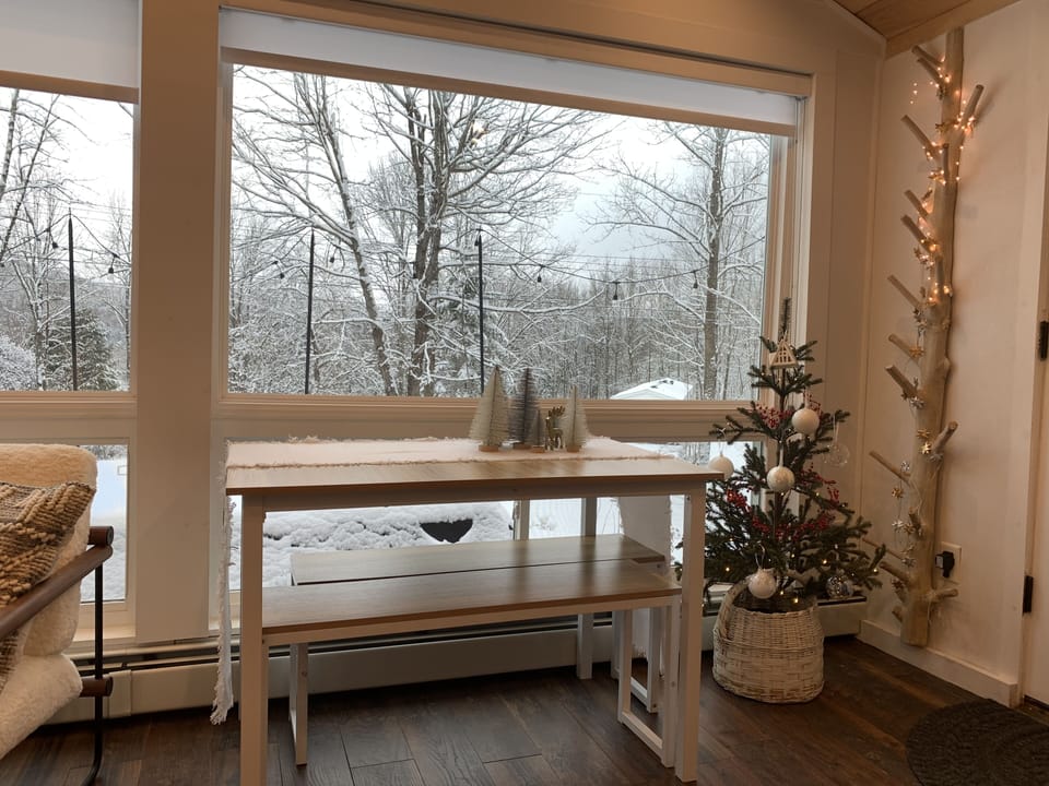 Decorations and a view of the soothing outdoor snow!