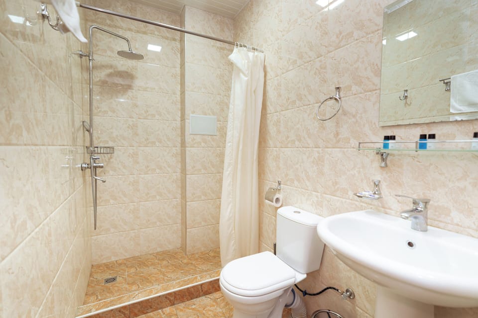 Shower, free toiletries, hair dryer, slippers