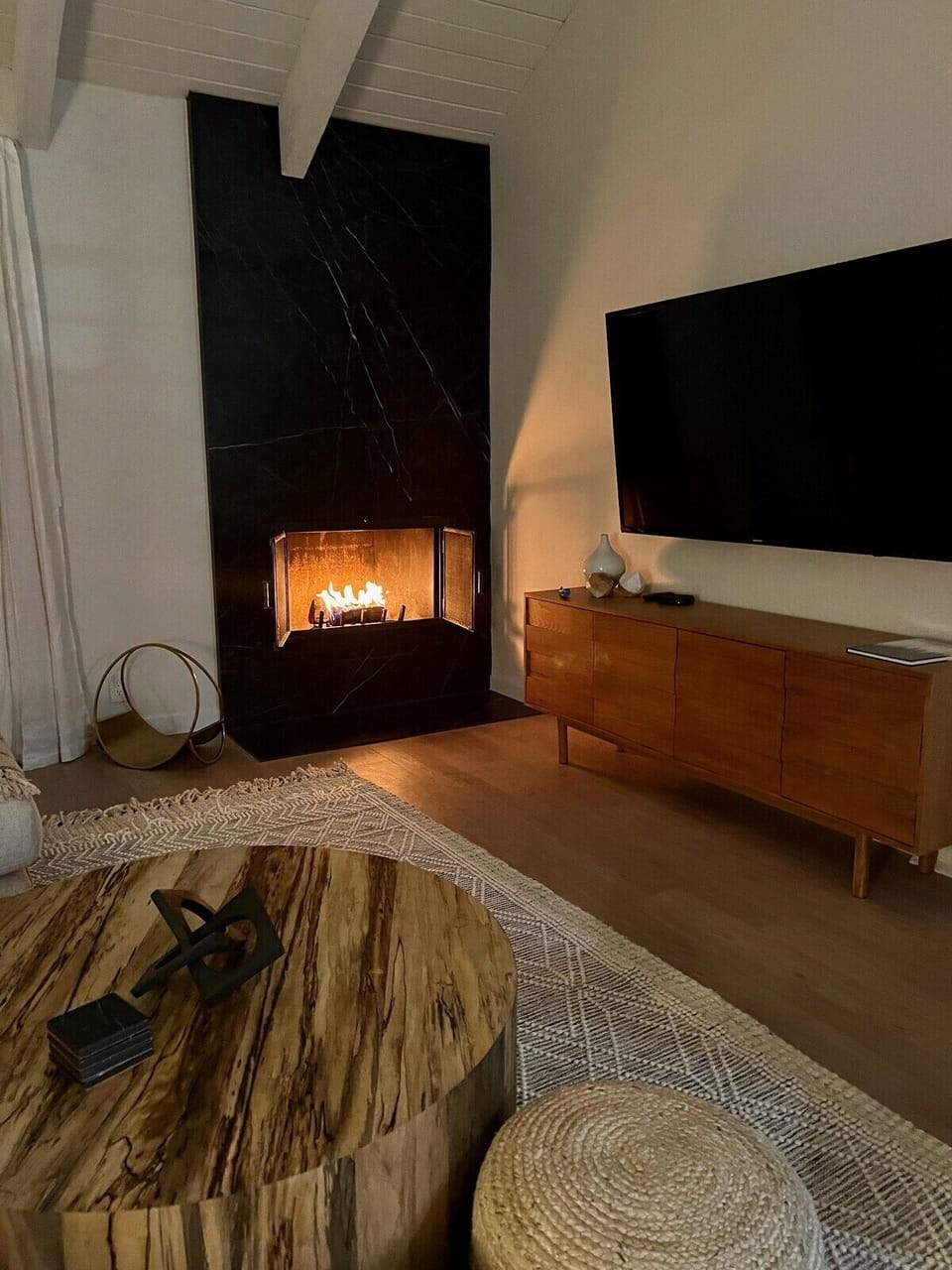 Natural wood fireplace