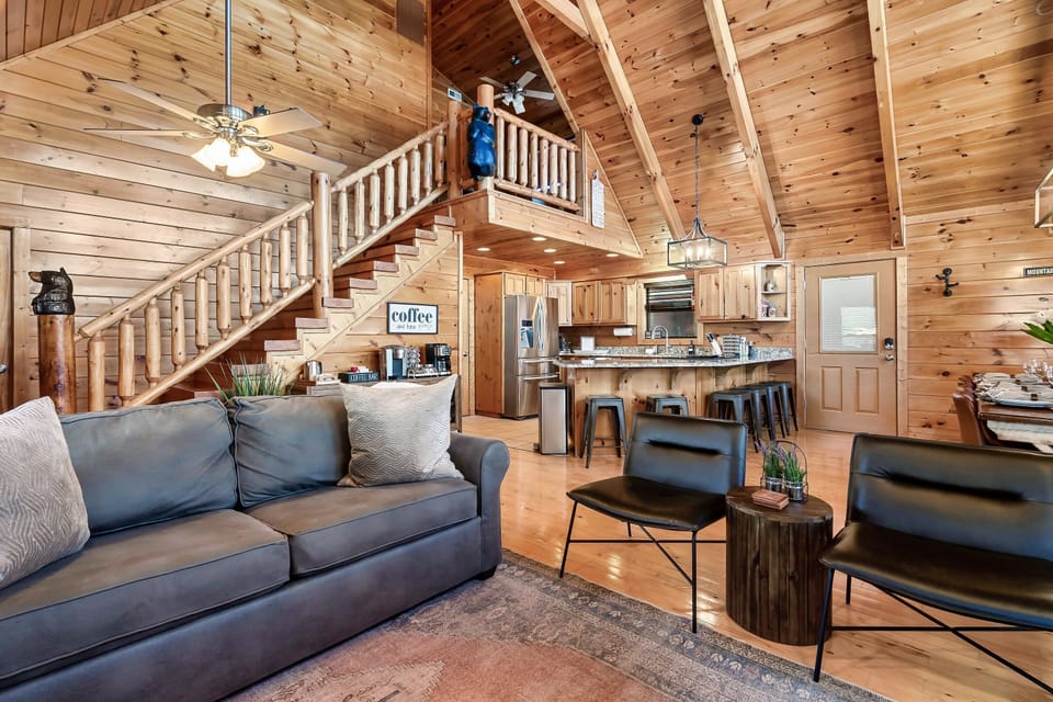 An open space: living room, dining room, kitchen at main floor.