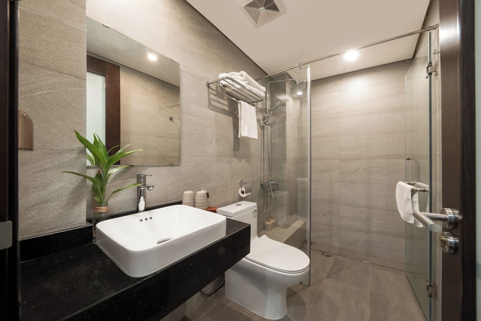 Shower, hydromassage showerhead, designer toiletries, hair dryer