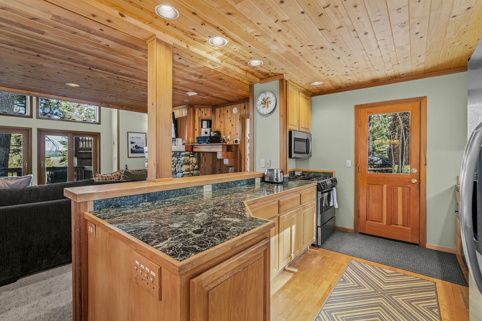 The kitchen offers spacious prep space