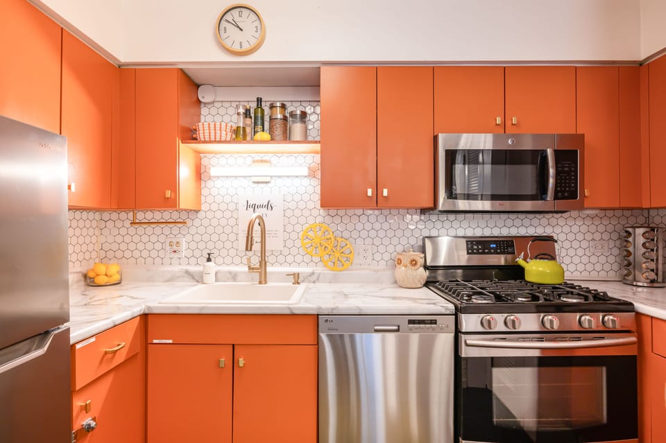 Fully equipped kitchen with stainless-steel appliances