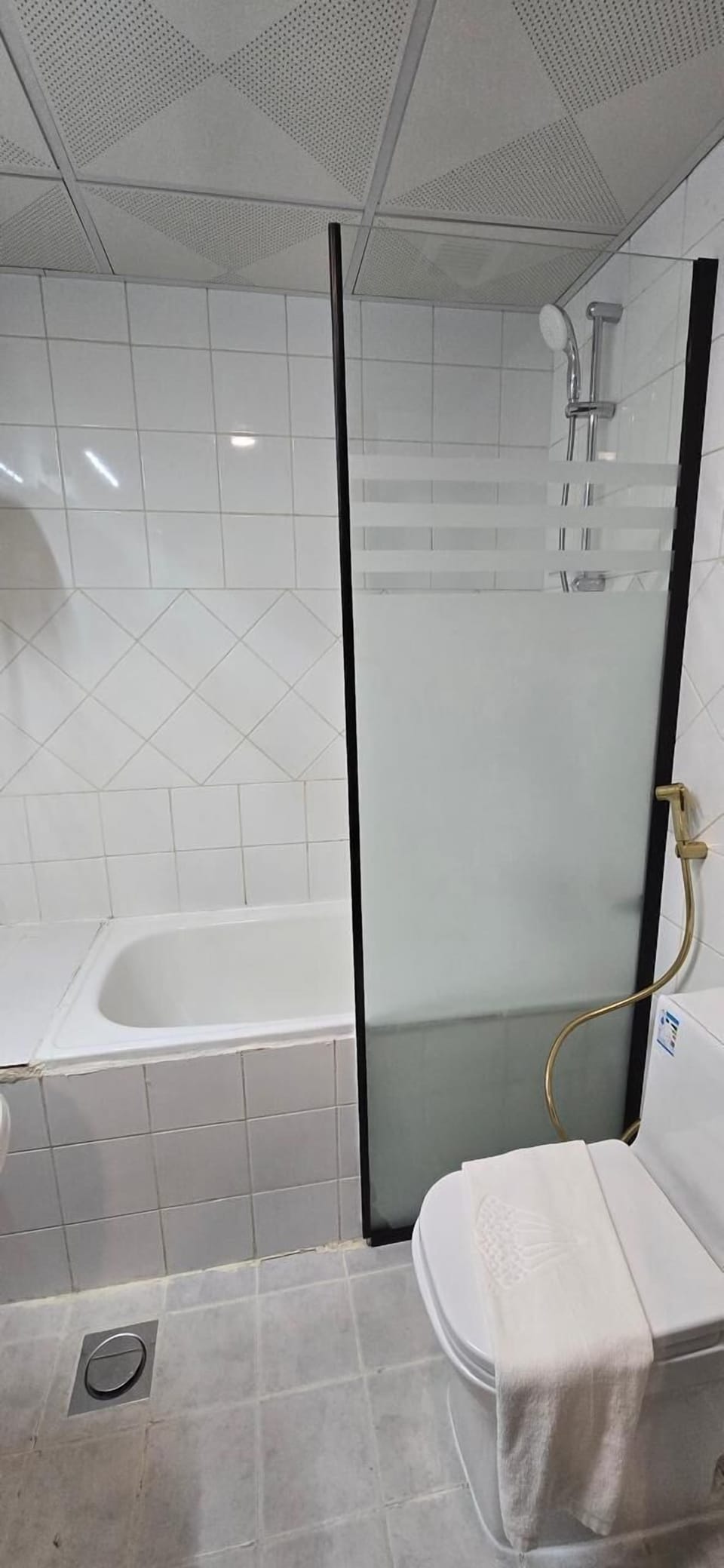 Shower, hair dryer, slippers, towels