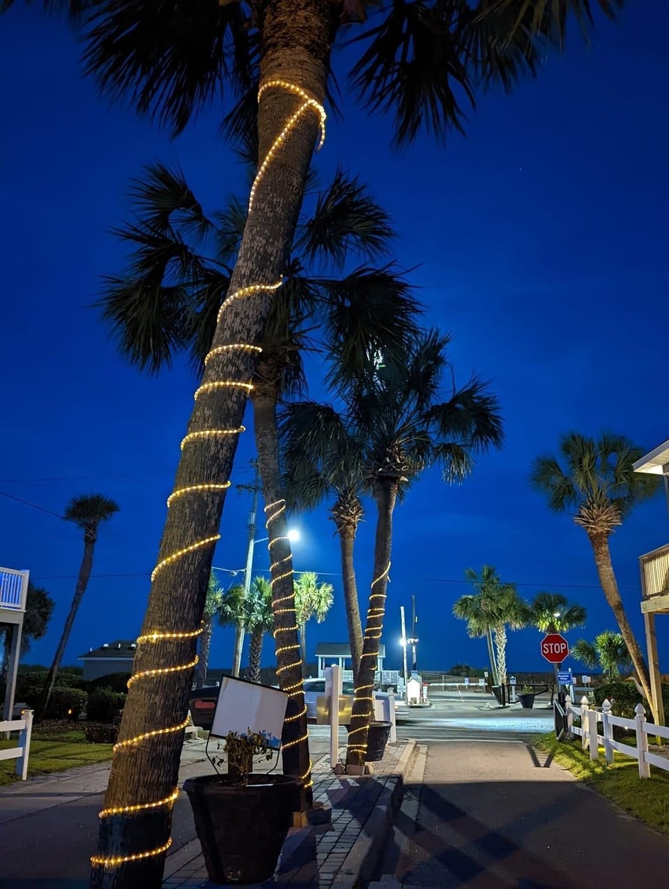 Nighttime View Private Beachfront Parking with Outdoor Showers and Restrooms