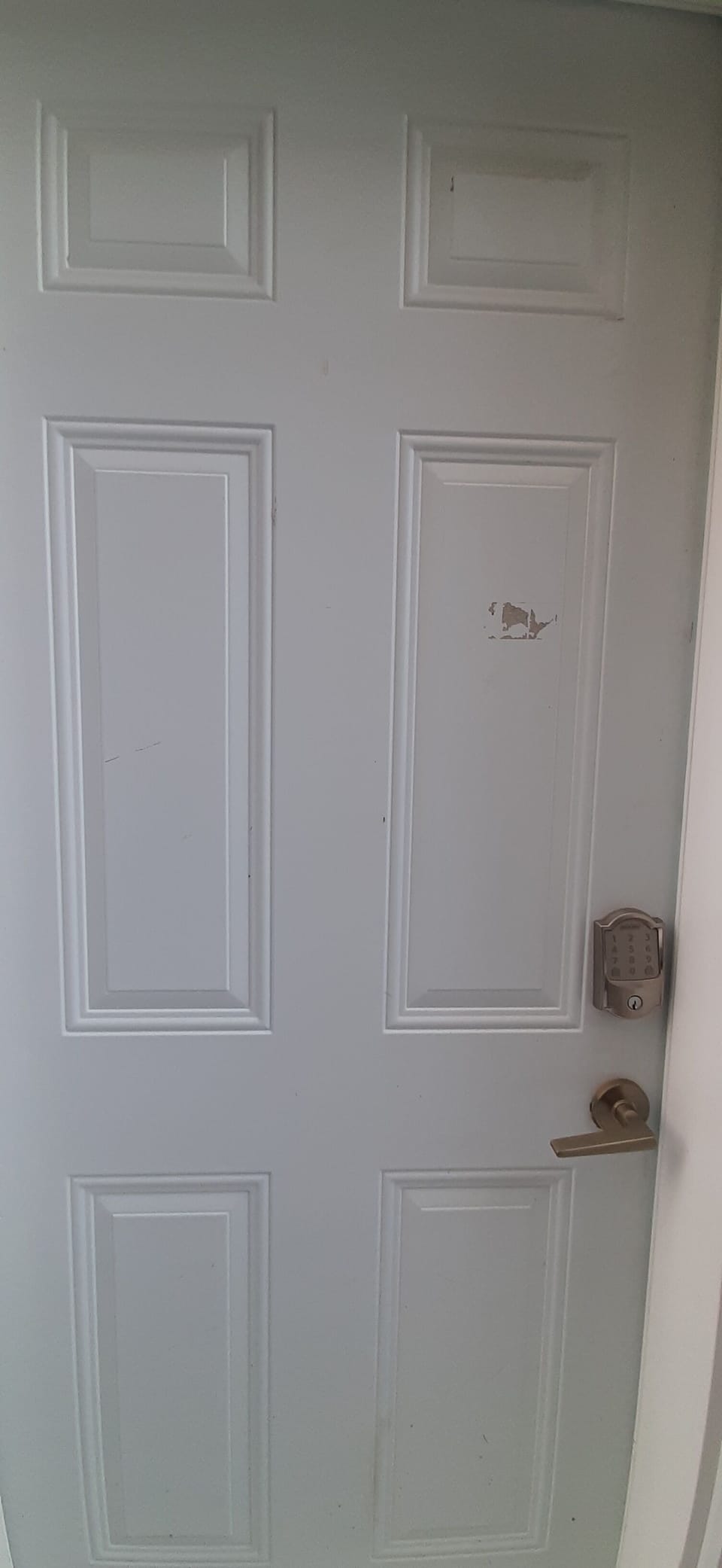 Side entrance door to the basement, with smart lock.