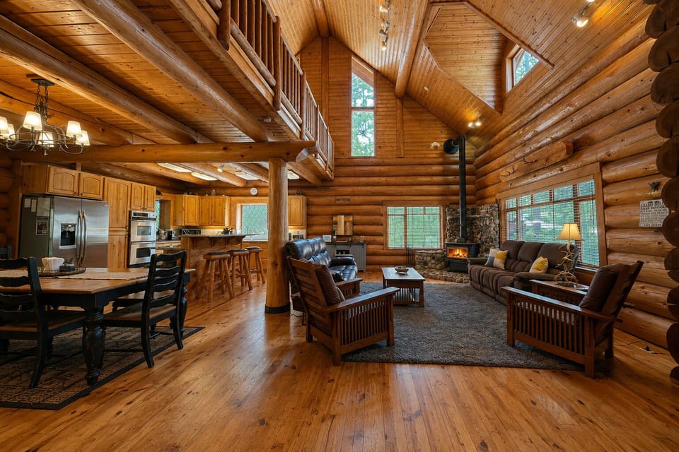 Open Concept living area offers a woodstove for those crisp autumn morning or magical winter nights