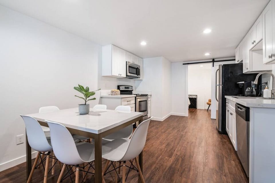 Dining table comfortably seats six.