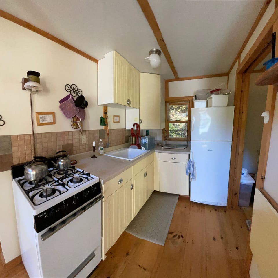 Working propane stove and refrigerator with freezer. Hand pump for water at sink