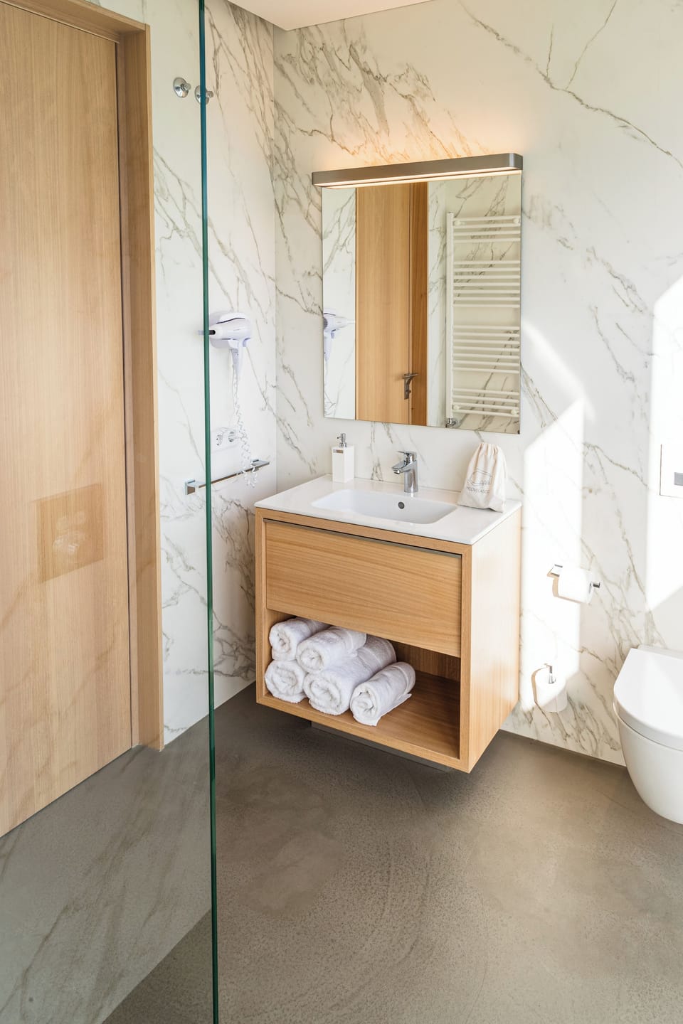 Shower, hair dryer, towels
