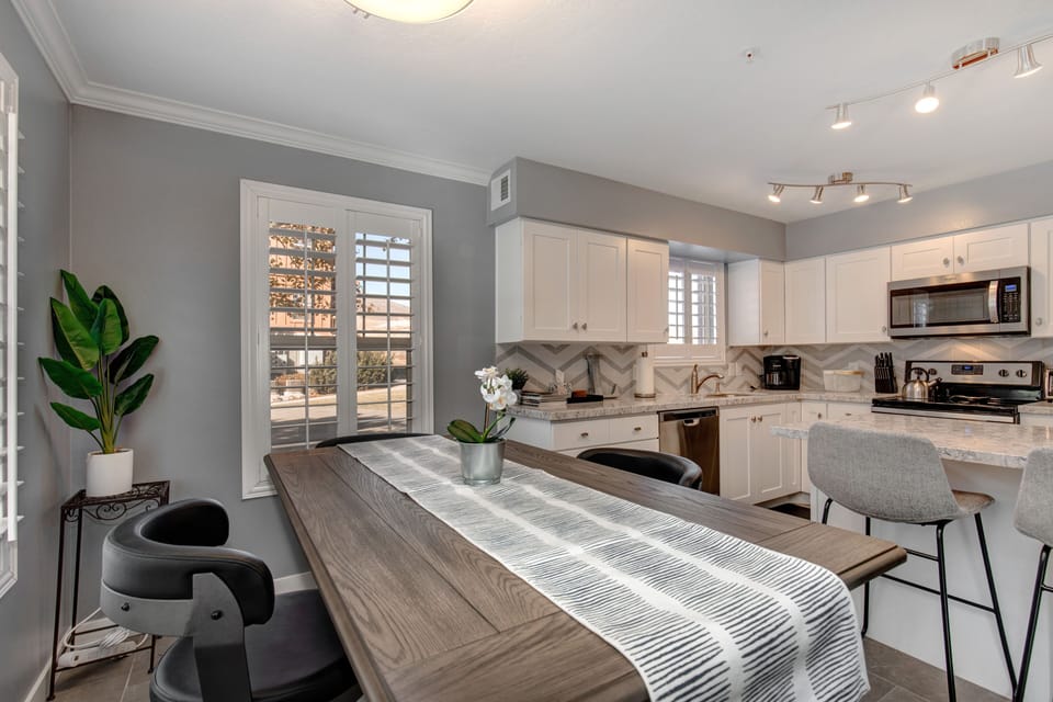 Inviting dining table in a cozy kitchen setting.