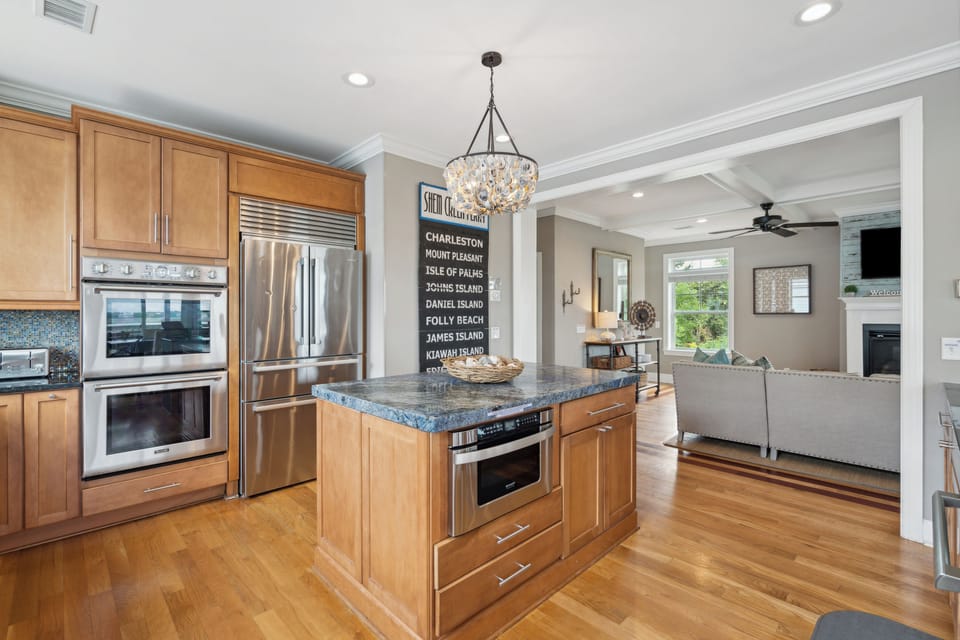 Large kitchen island perfect for preparing food.