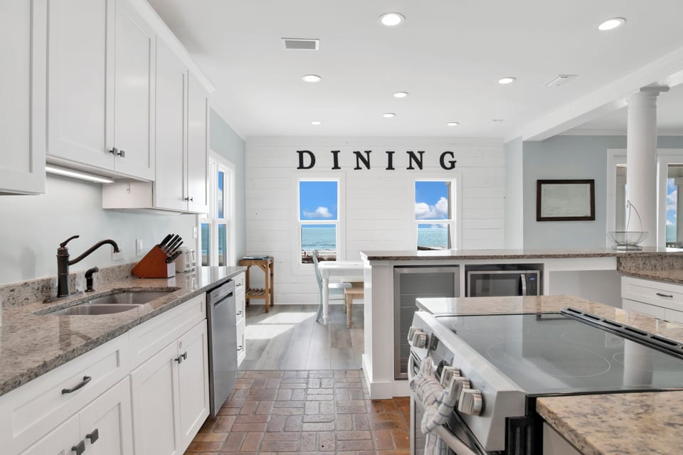 Stainless steel appliances and stone counters