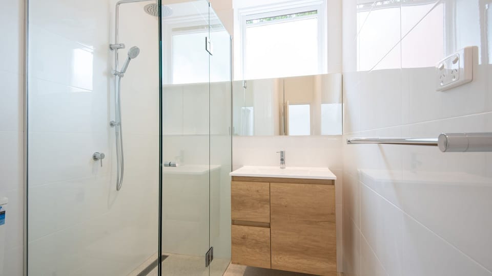 Walk in shower, single vanity and toilet