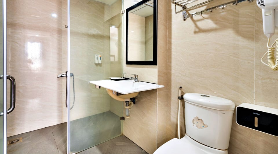 Shower, hydromassage showerhead, designer toiletries, hair dryer