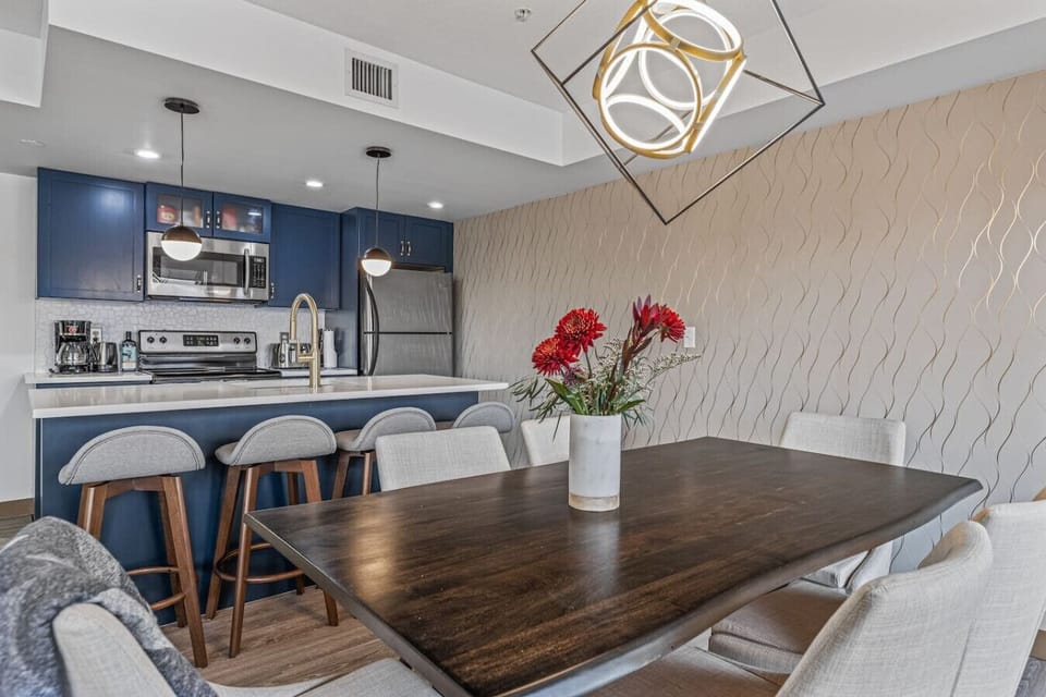 Kitchen and a dining table.